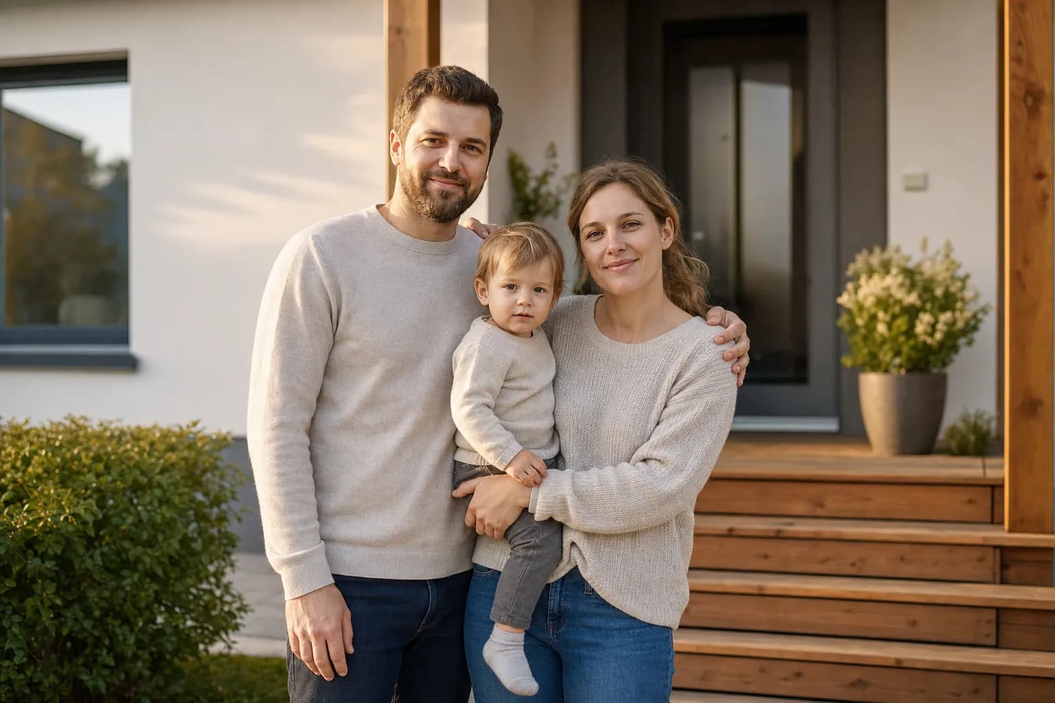 Familie vor ihrem Wohnhaus — Privatkunden im Wohnbereich